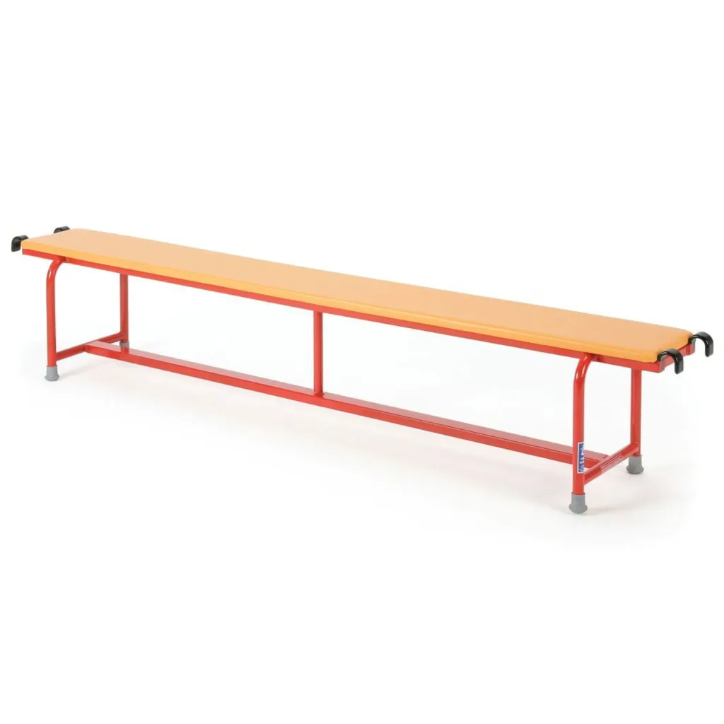 Steel padded balance bench with orange flame-retardant vinyl top, red powder-coated steel frame, non-marking rubber feet and black end hooks.