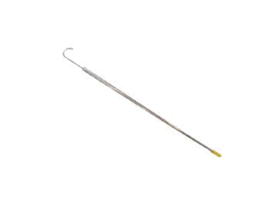 Stainless steel ring hook with a curved hook at one end and a yellow plastic tip at the other, on a white background.