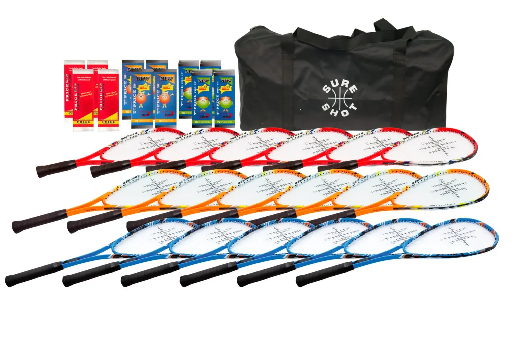 Eighteen junior squash rackets arranged in three rows with several boxed balls and a black holdall bag behind them.