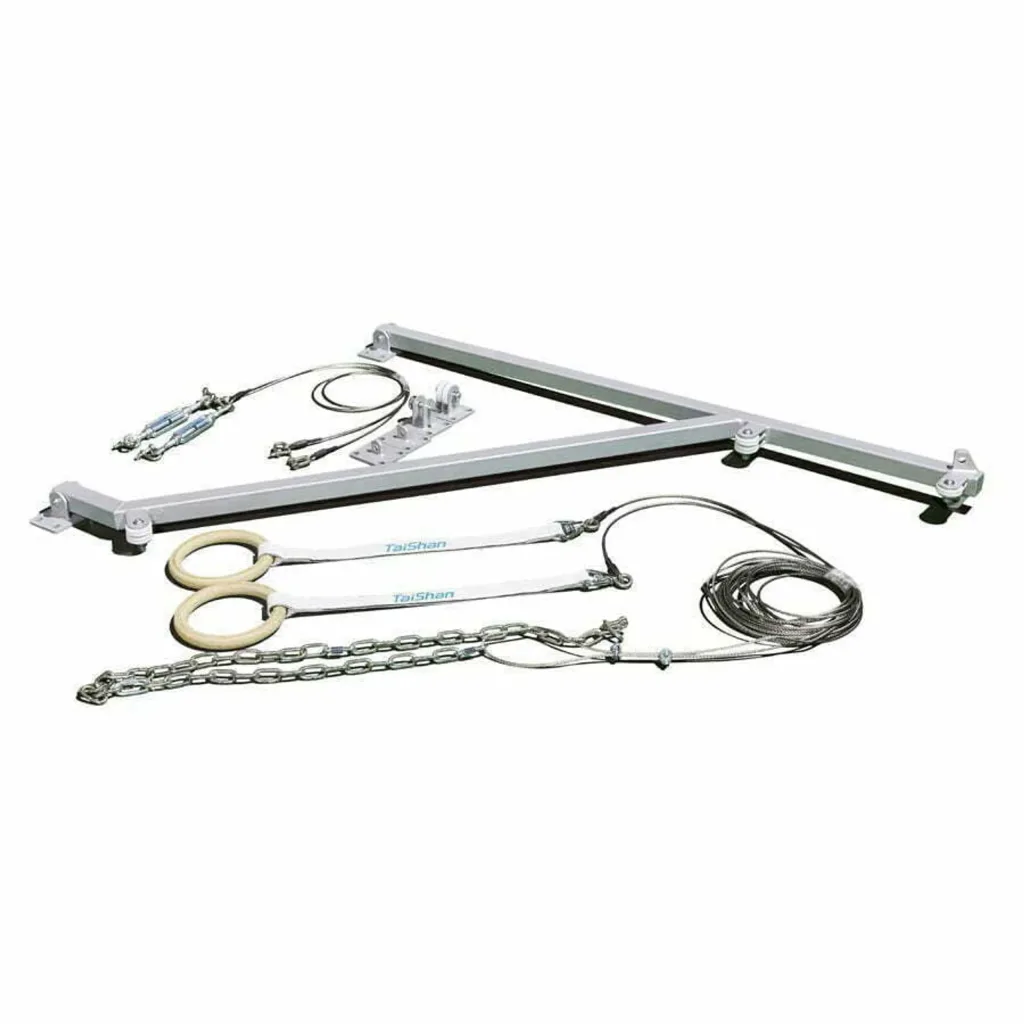 Wall-mounted gymnastics ring set with triangular carbon steel frame, plywood rings on leather straps, chains and stainless steel wire rope.
