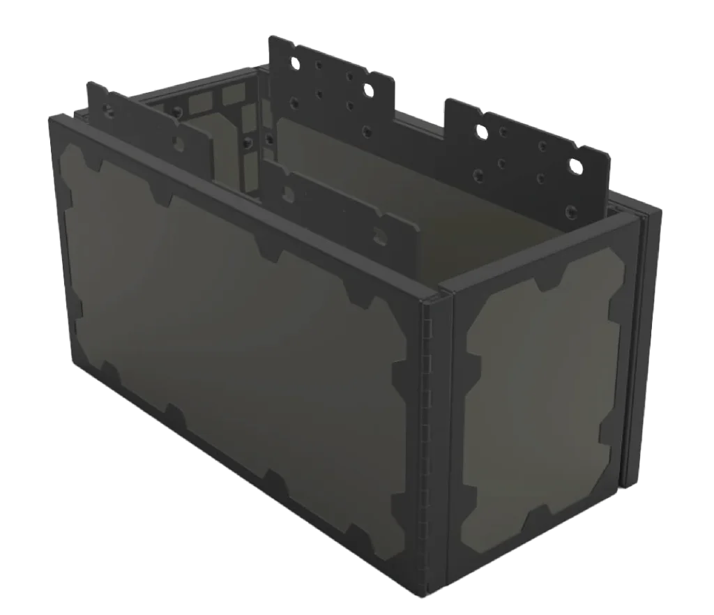 Rectangular modular training block with interlocking side panels, internal divider plates, and top mounting brackets.