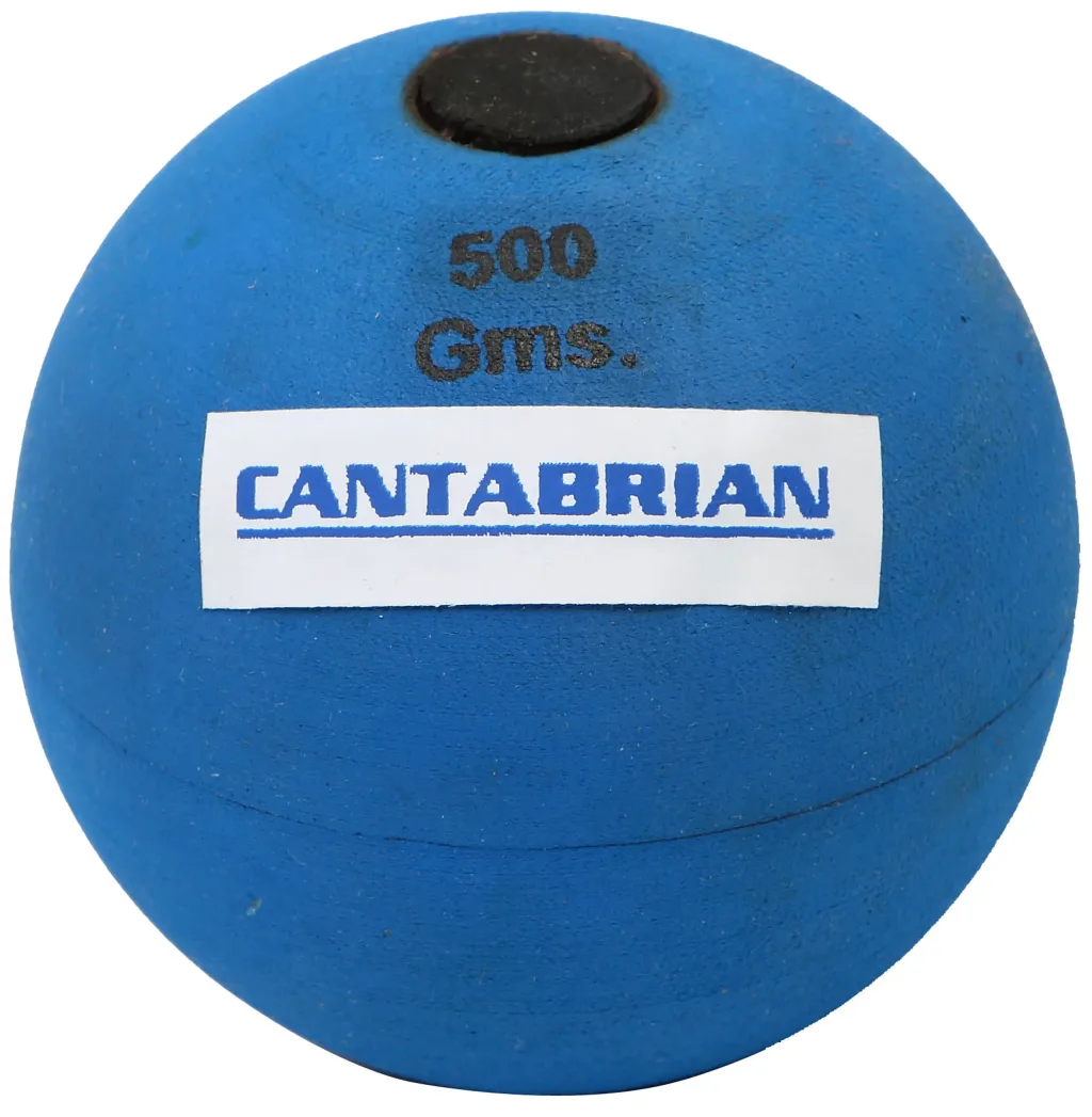 Blue javelin throwing ball with "500 Gms." printed above a white rectangular label and a small black plug at the top.