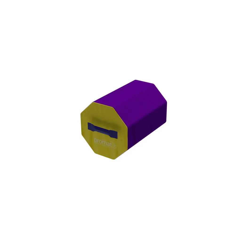 Purple octagonal gymnastics block with yellow end panel reading promat, blue carry handle, high-density PU foam core and flame-retardant PVC cover.