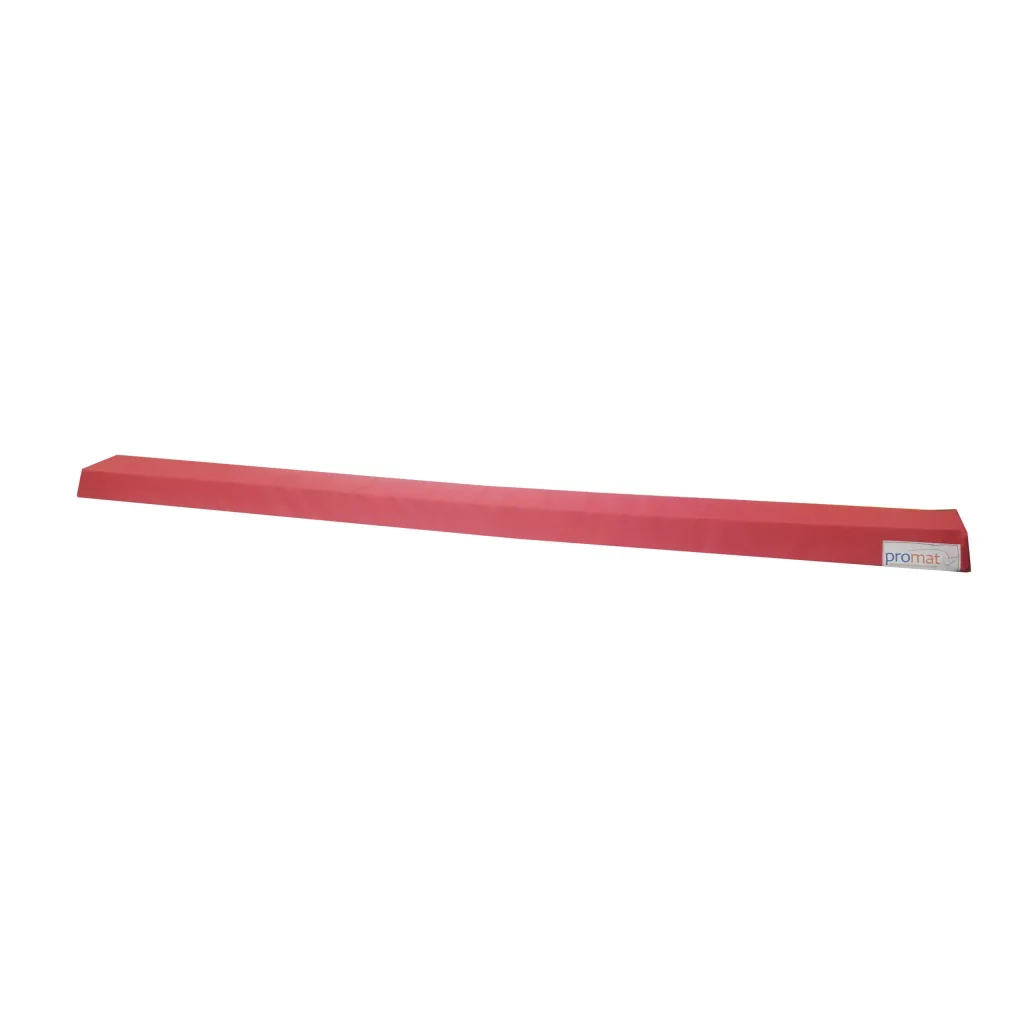 Red foam balance beam with a flame-retardant PVC cover and high-density PE foam core, shown as a single long beam with beveled ends.