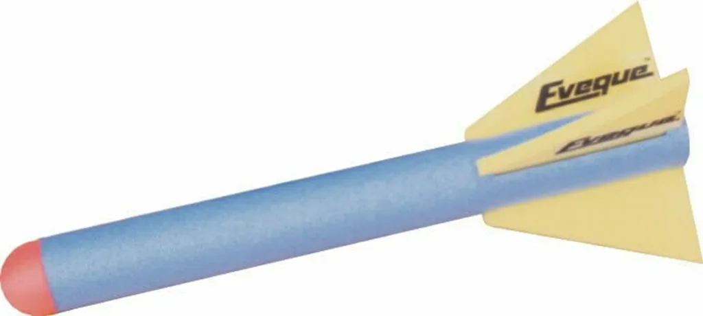 Mini foam javelin with blue foam shaft, red rounded tip and yellow rear fins.