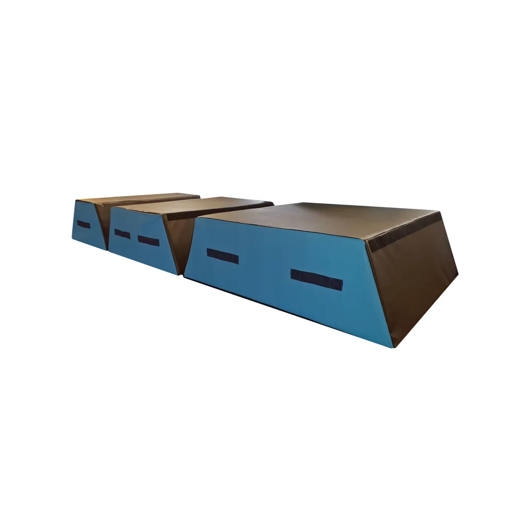 Three-section blue and brown padded vault box with black top panels, carry handles, detachable sections and flame-retardant PVC cover.