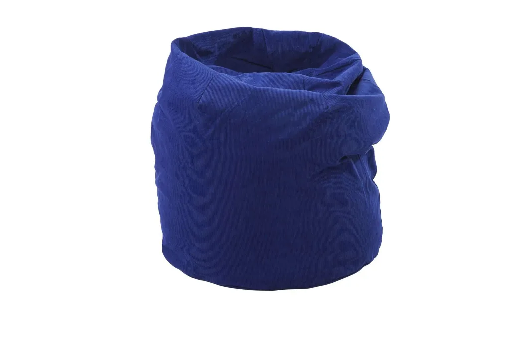 Slouchy bean bag with midnight blue cotton cover and rolled top against a white background.