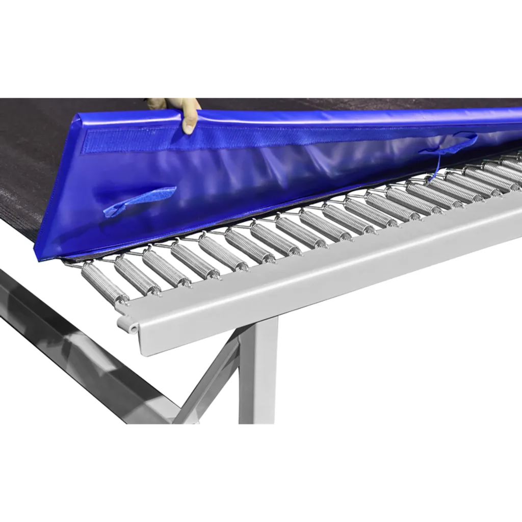 Frame protection padding lifted to reveal PVC-coated nylon mesh and rows of steel springs attached to a welded carbon steel frame.
