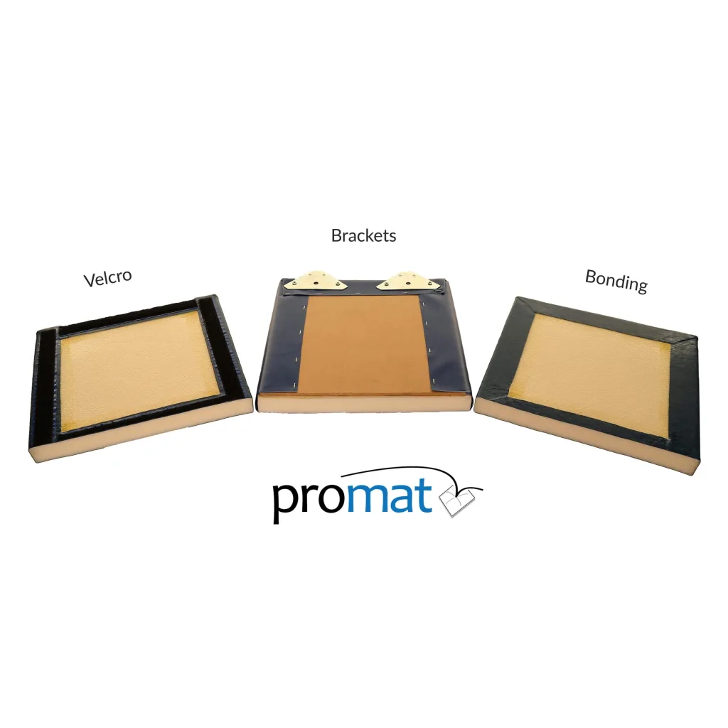 Three rectangular wall pads showing fixing methods labeled Velcro, Brackets and Bonding with promat logo beneath.