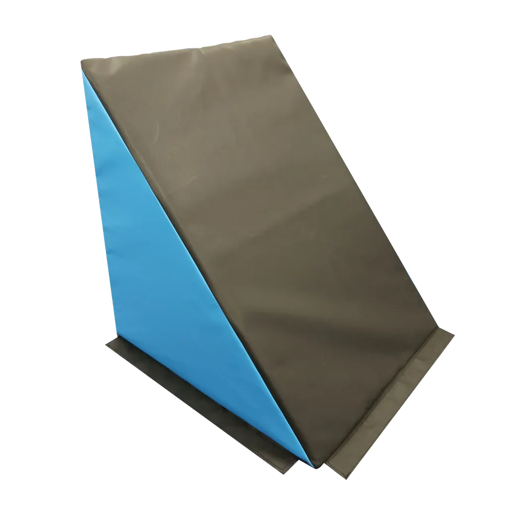 Two foam wedge steps with black flame-retardant PVC cover and a blue triangular side panel, shown stacked at an angle.