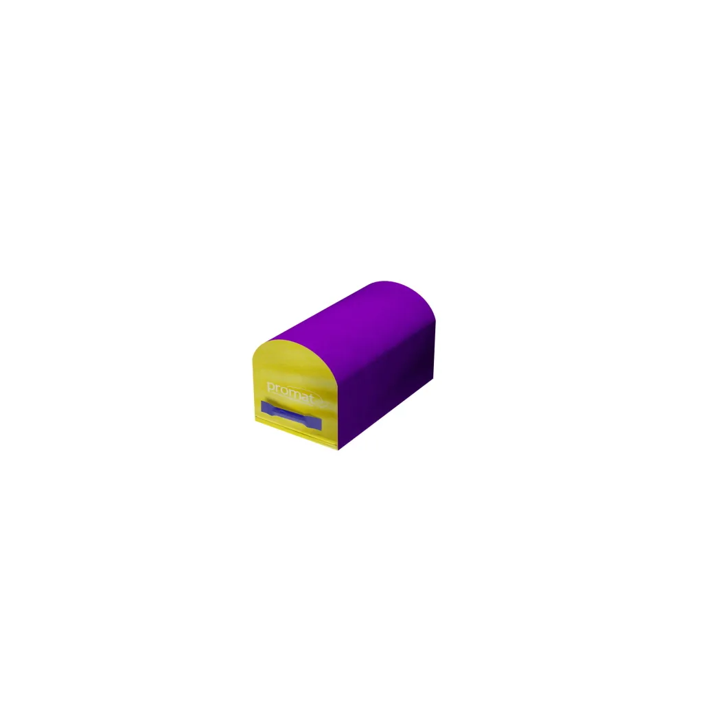 Purple and yellow mailbox-shaped high-density PU foam gymnastics trainer with a curved top, heavy-duty flame-retardant PVC cover and a blue carry handle.