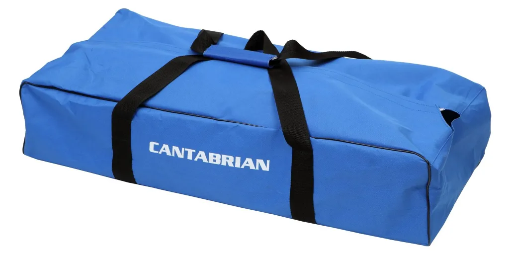 Blue starting block bag with black carrying straps, hook-and-loop top, center-bar straps, hard base and CANTABRIAN printed on the side.
