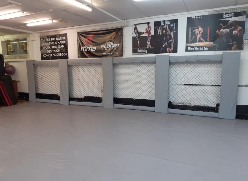 Grey powder-coated steel cage walling with padded vertical posts and chainlink panels, posters reading Thai Boxing, Jiu Jitsu and Mixed Martial Arts.