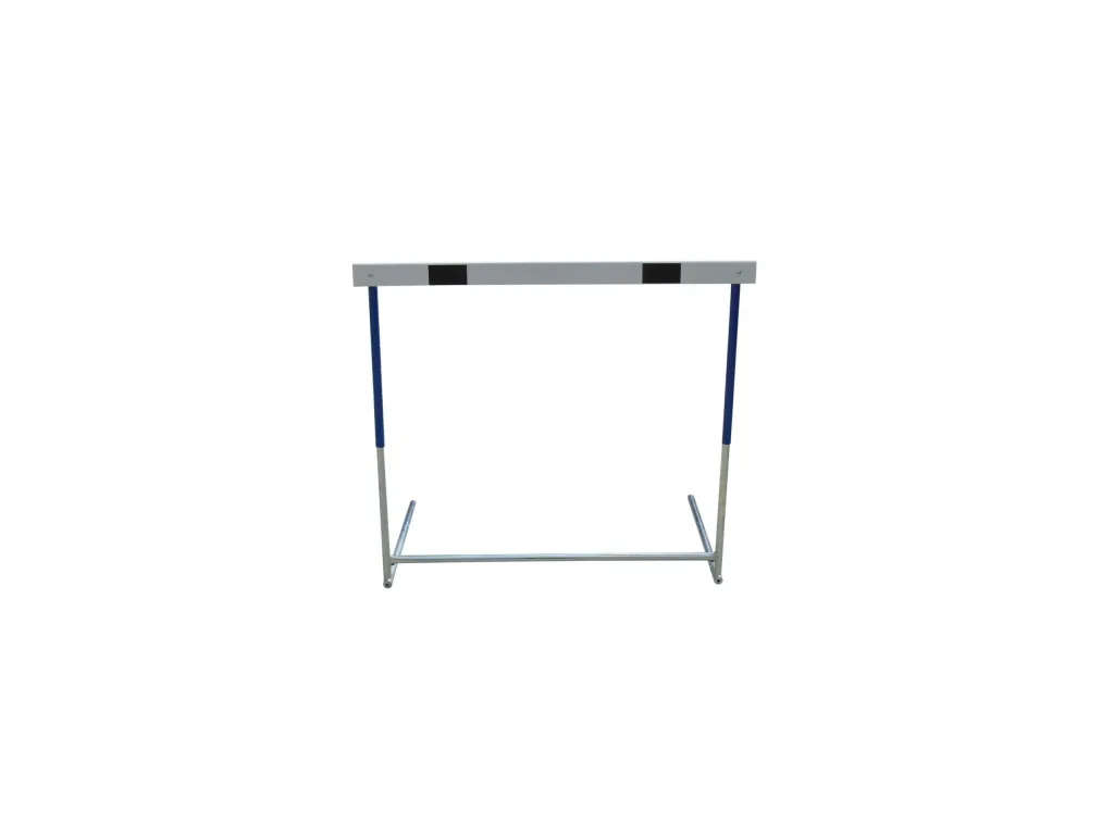 Collapsible steel hurdle with a white top bar featuring two black panels, blue uprights and a silver U-shaped base.