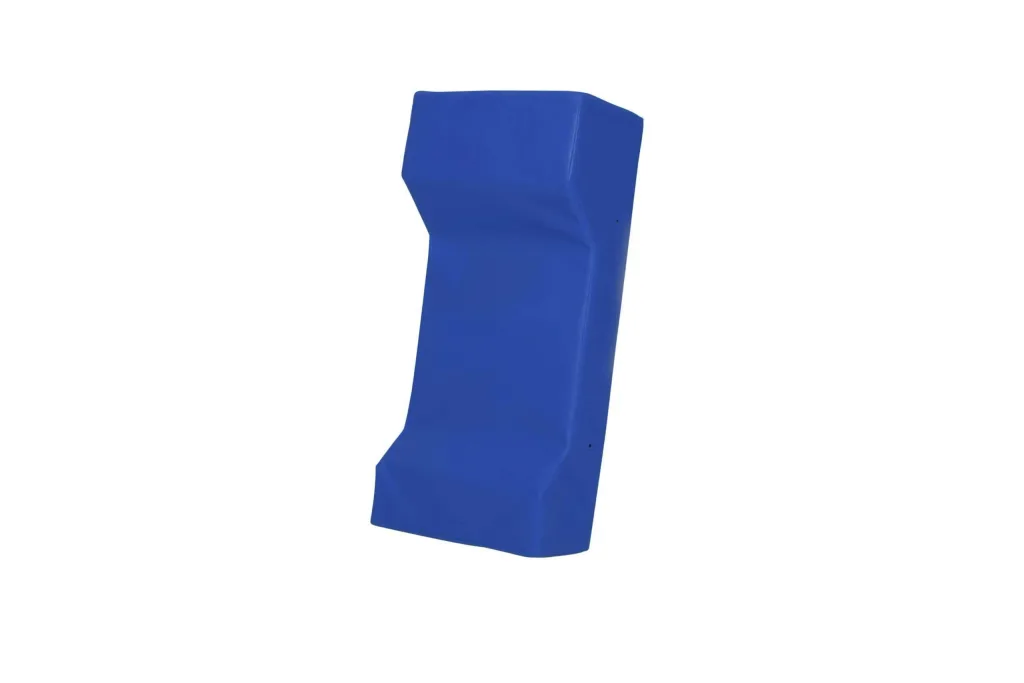 Blue rucking shield with sewn heavy-duty PVC cover and angled shock-absorbing foam core.