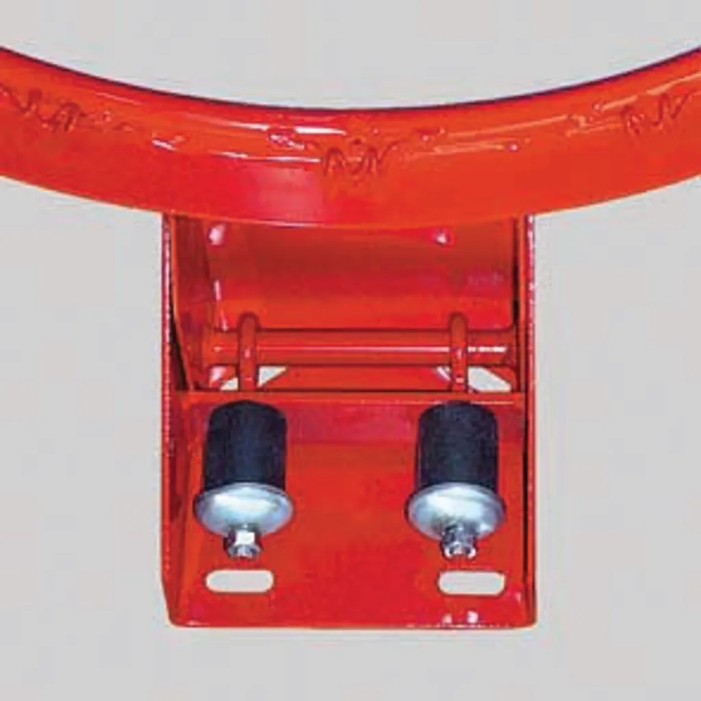 Red powder-coated basketball flex ring and mounting bracket showing two black-cushioned bolts.