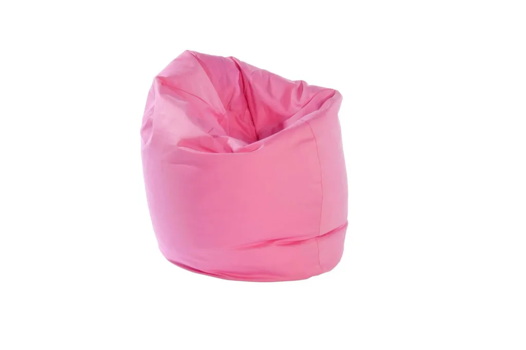 Fuchsia cotton child bean bag with a scooped, gathered top and soft wrinkled sides on a white background.