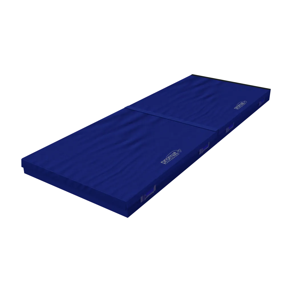 Blue connecting safety mat with central seam, side carry handles, hook-and-loop connectors and text "promat" on the surface.