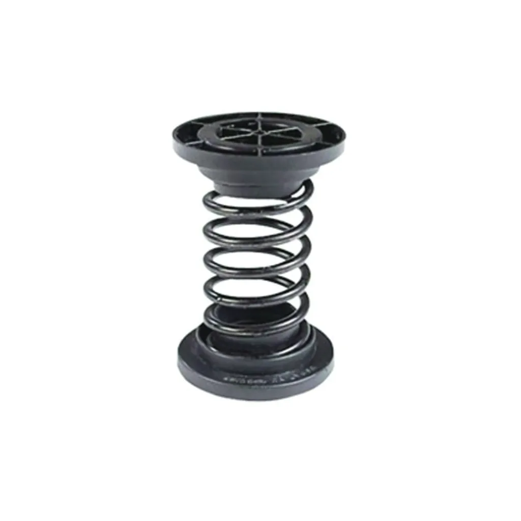 Black metal coil spring with round black plastic top and bottom caps on a white background.