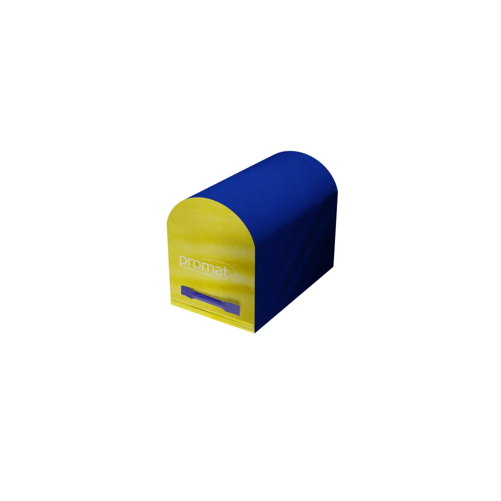 Blue and yellow mailbox-shaped gymnastics trainer with rounded top, high-density PU foam core, carry handles and flame-retardant PVC cover.