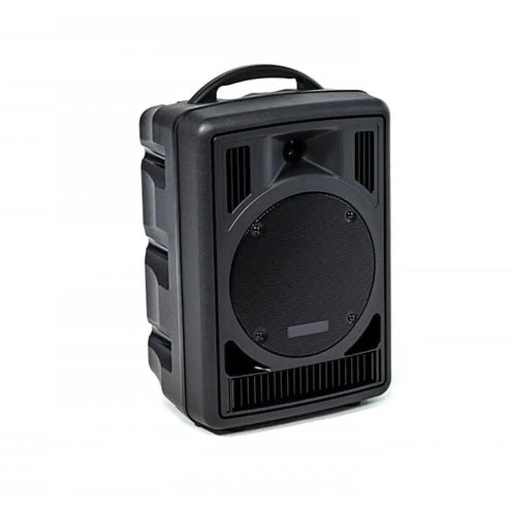 Portable black amplified speaker cabinet with top handle, circular front grille and rectangular bottom vent.