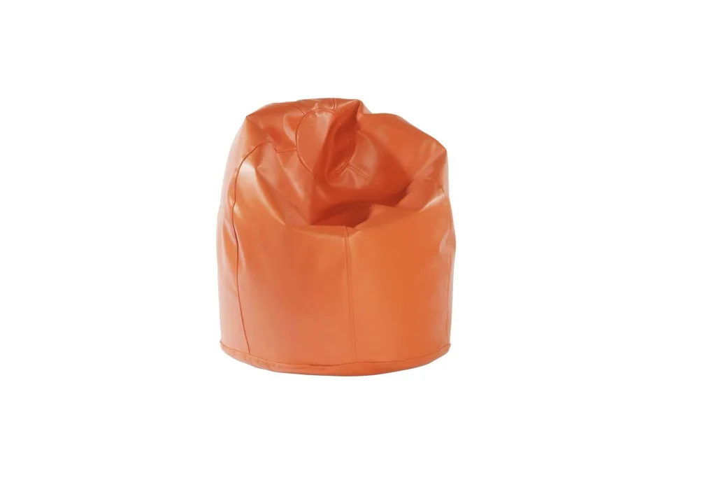Burnt orange faux leather child bean bag with a rounded base and slouched, cupped seat.