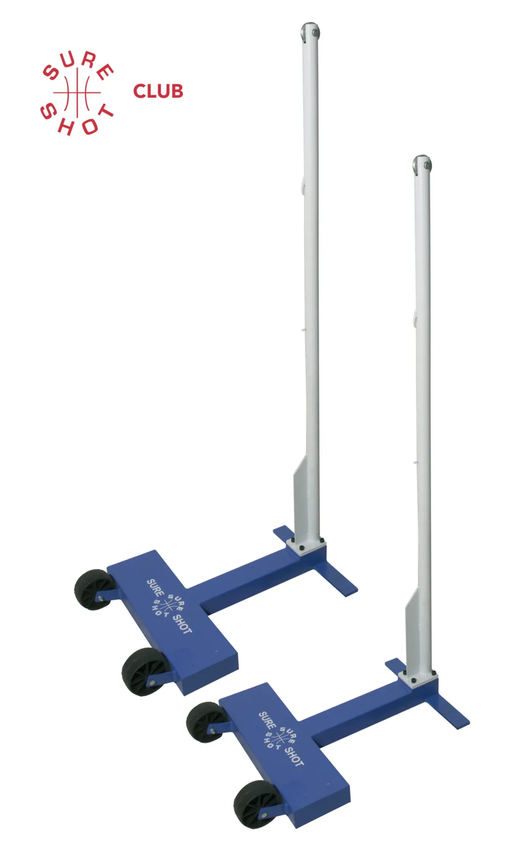 Two badminton posts with white vertical uprights on blue H-shaped wheeled bases, each base bearing white printed logo text and twin black wheels.