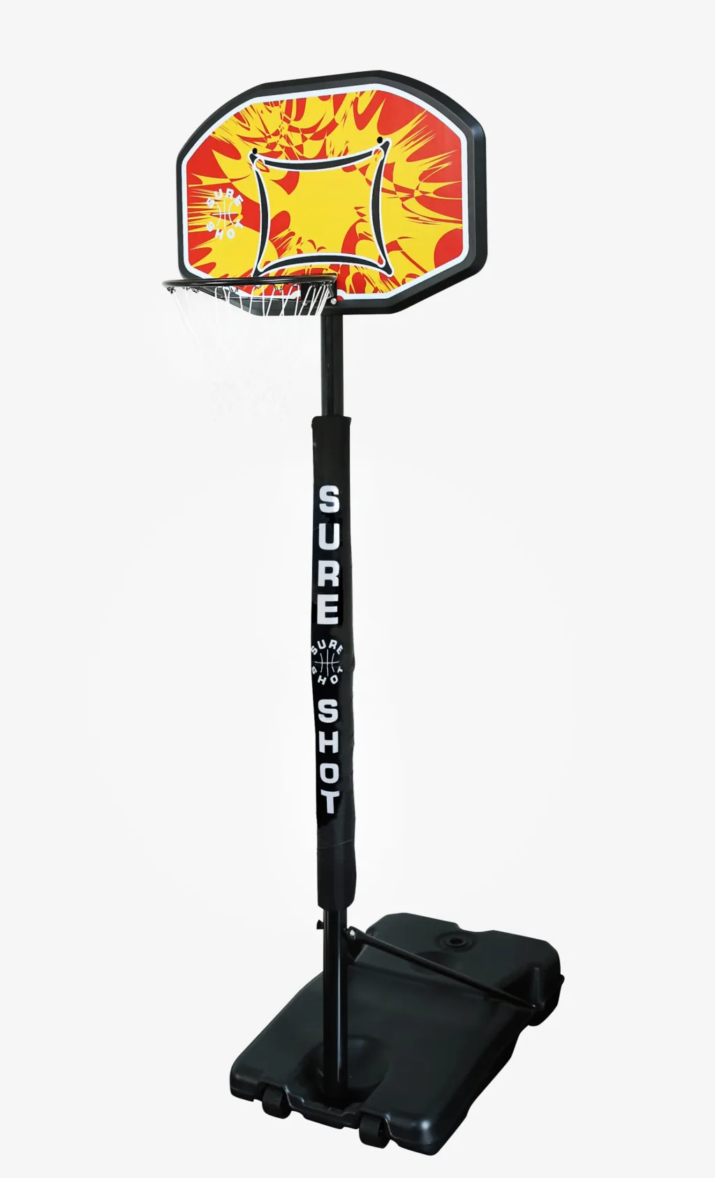 Portable telescopic basketball hoop with yellow and red backboard, black padded pole reading SURE SHOT, and blow moulded black HDPE wheeled base.