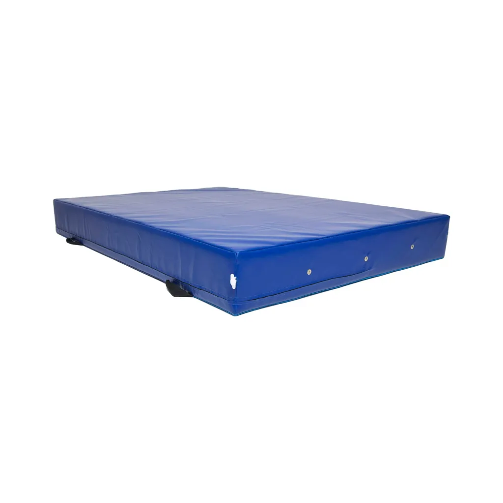 Blue flame-retardant nylon-reinforced PVC zipped crash mat cover with breather holes, side handles and anti-slip base panels.