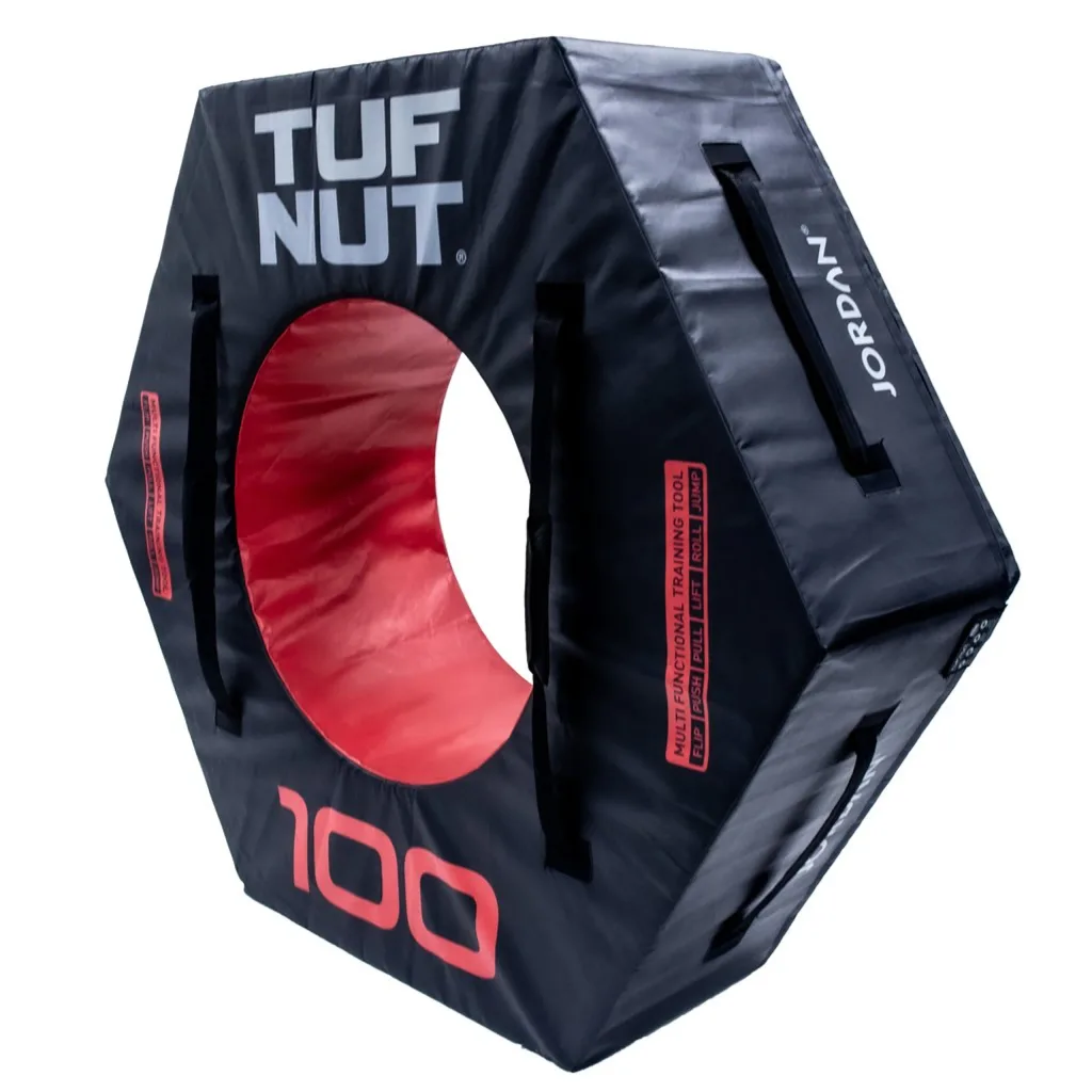 Black hexagonal training ring with red inner lining labeled TUF NUT, side text JORDAN and large 100 on the face.