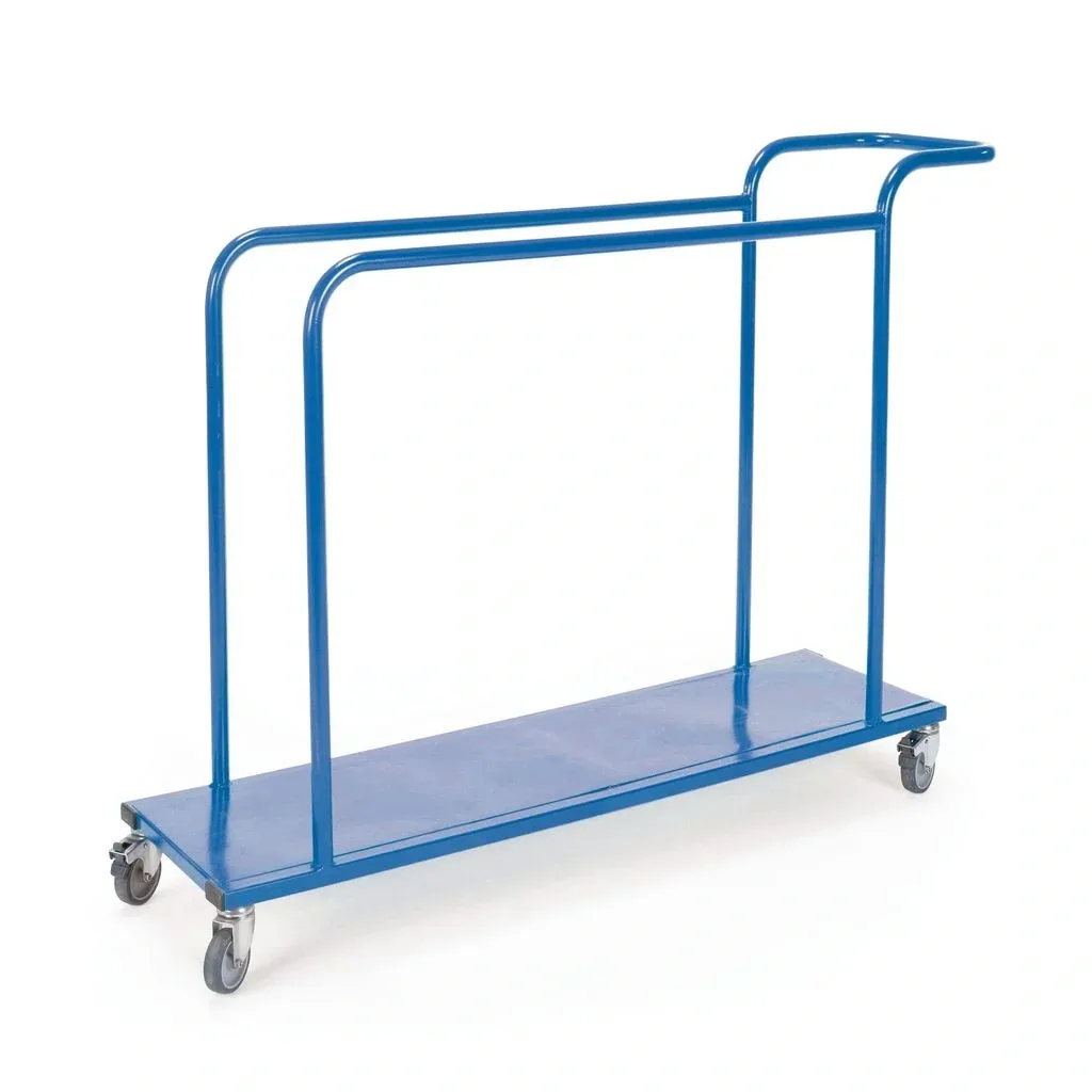 Blue powder-coated steel vertical mat trolley with two compartments, flat base and four swivel castors.