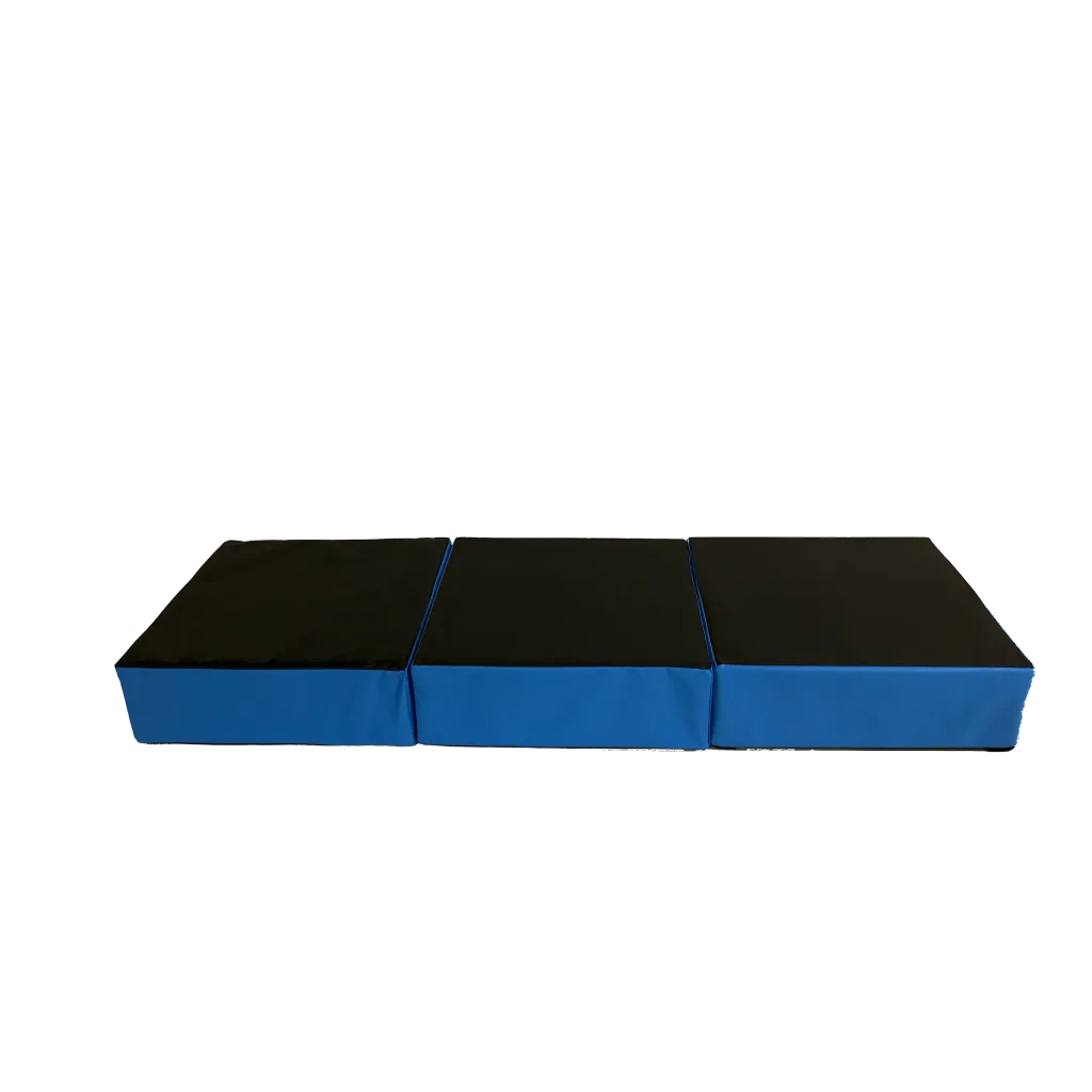 Three low rectangular stepping blocks with black tops and blue sides joined side by side against a black background.
