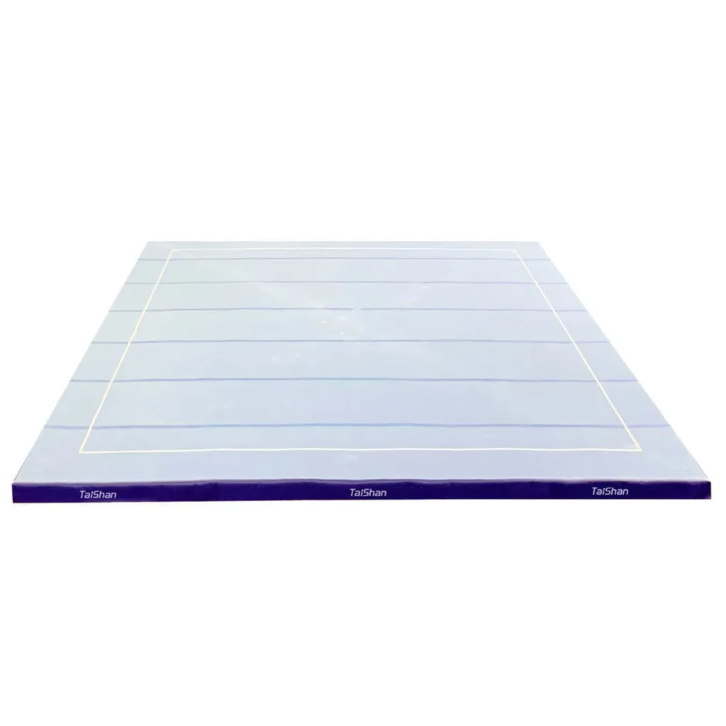Blue artistic gymnastics floor with a white square boundary and faint horizontal striping, shown from a low front angle.