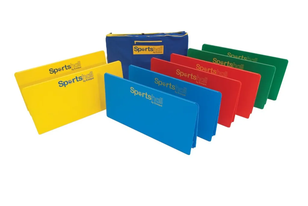 Eight different coloured school hurdles arranged in two rows with a storage bag behind them.