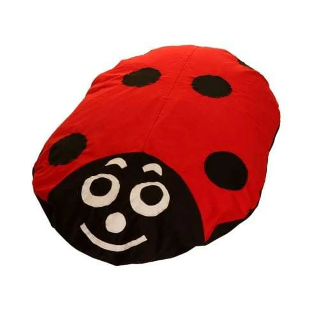Large fibre-filled indoor floor cushion shaped like a red and black ladybug with a smiling face, black spots and a removable machine-washable cover.