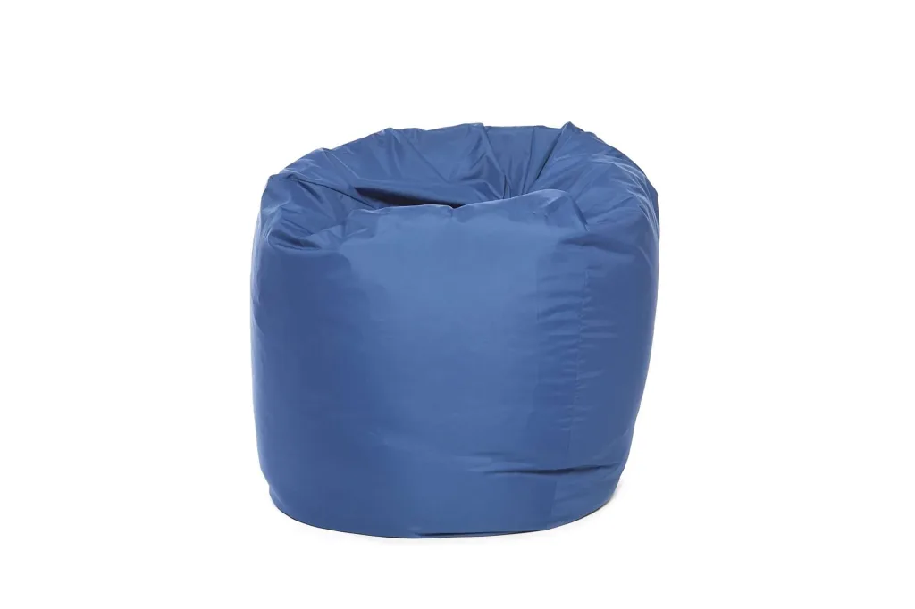 Royal blue polyester teen/adult bean bag for indoor/outdoor use with a rounded, slightly collapsed top and removable liner.