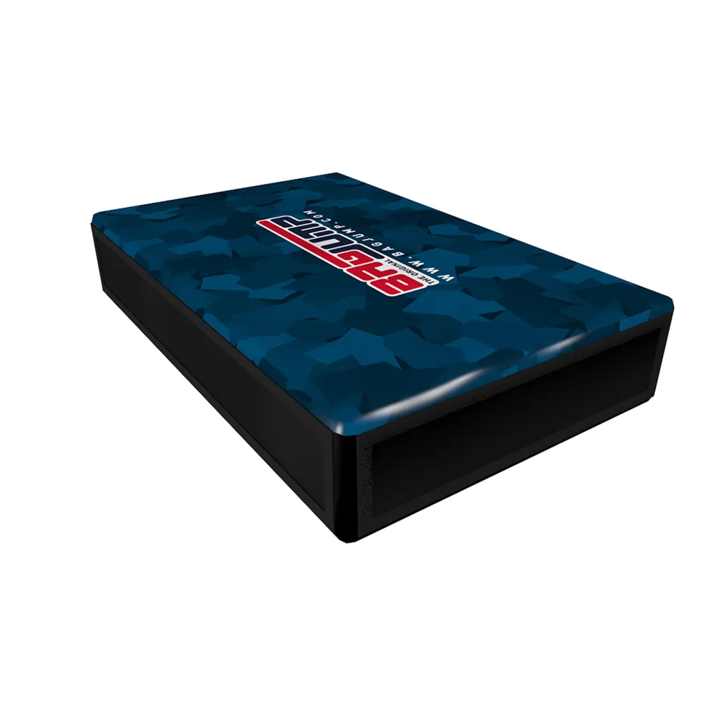 Rectangular inflatable AirPit with dark blue camouflage topsheet, black sides, and BAGJUMP logo on top.