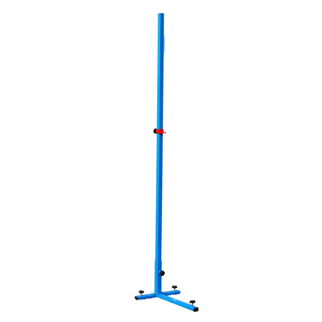 Blue adjustable high jump stand with a T-shaped base, height markings and a red bar holder clamp.
