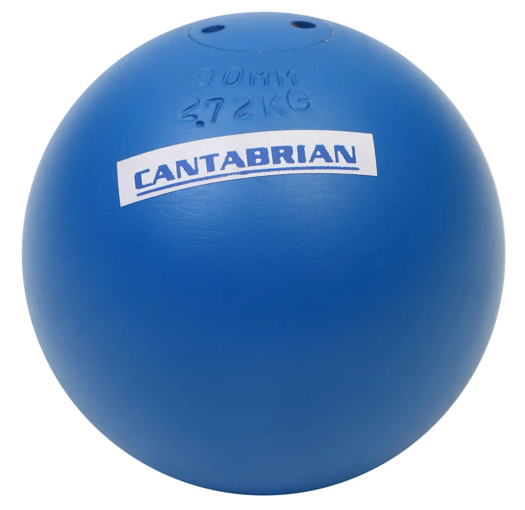 Blue powder-painted iron shot put stamped '90MM 2.72KG' and labeled 'CANTABRIAN'.