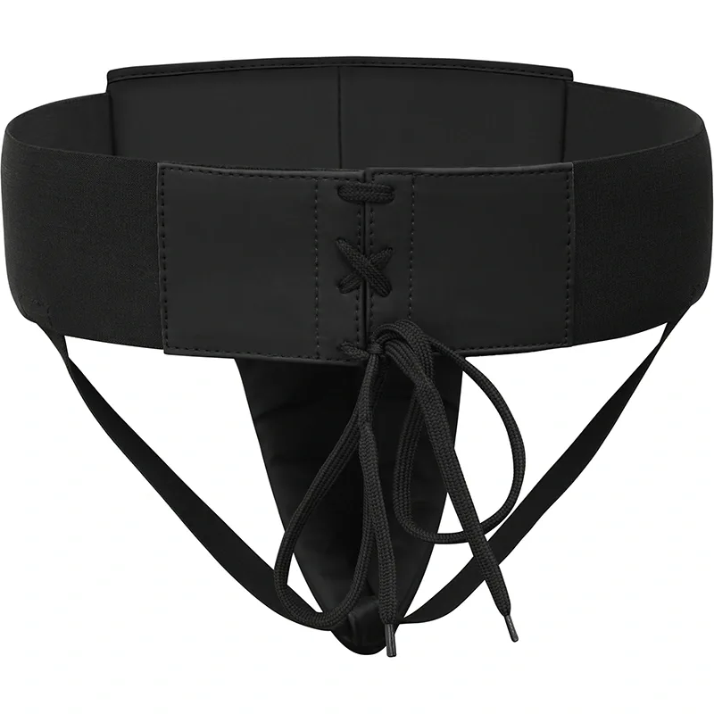 Black groin guard with wide elastic waistband, lace-up front panel, tied cords and two supporting leg straps.