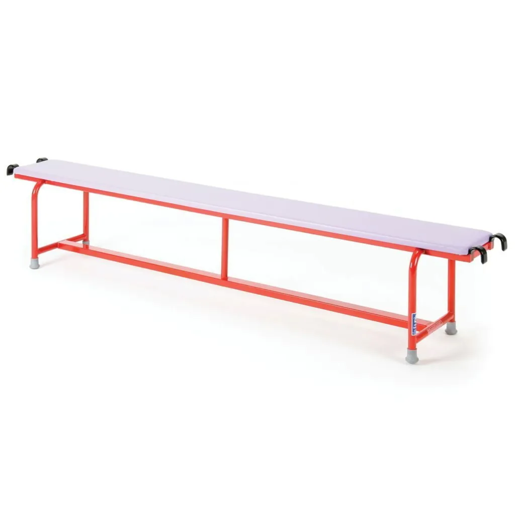 Red powder-coated steel balance bench with a pale purple padded vinyl top, coated metal hooks at each end, and grey non-marking rubber feet.