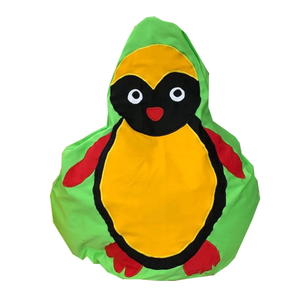 Green bean bag shaped like a penguin with a yellow belly, black face, white eyes, a small red beak, and red wings and feet.