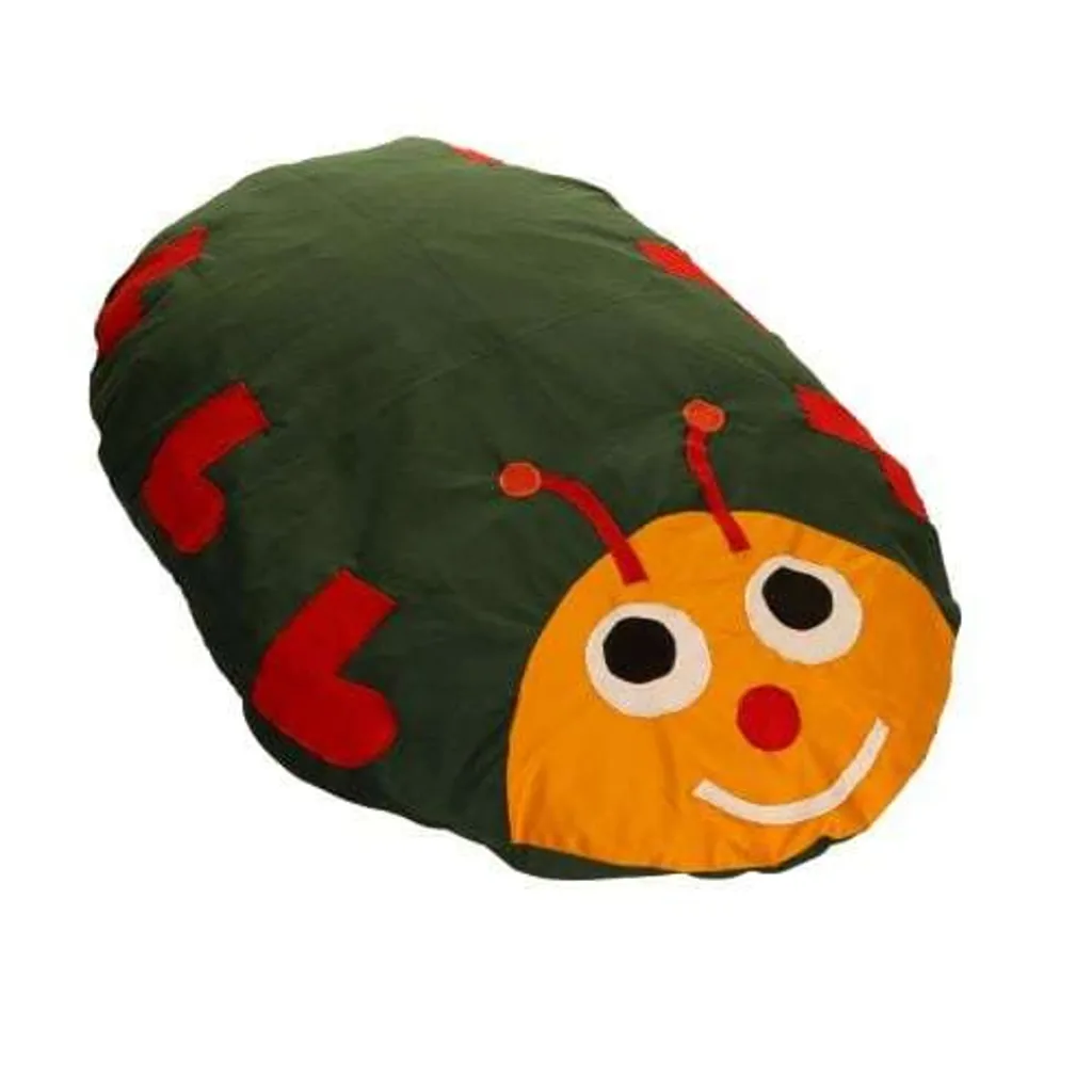 Large animal floor cushion in a caterpillar design: yellow smiling face, white eyes with black pupils, red antennae and green body with red patches.
