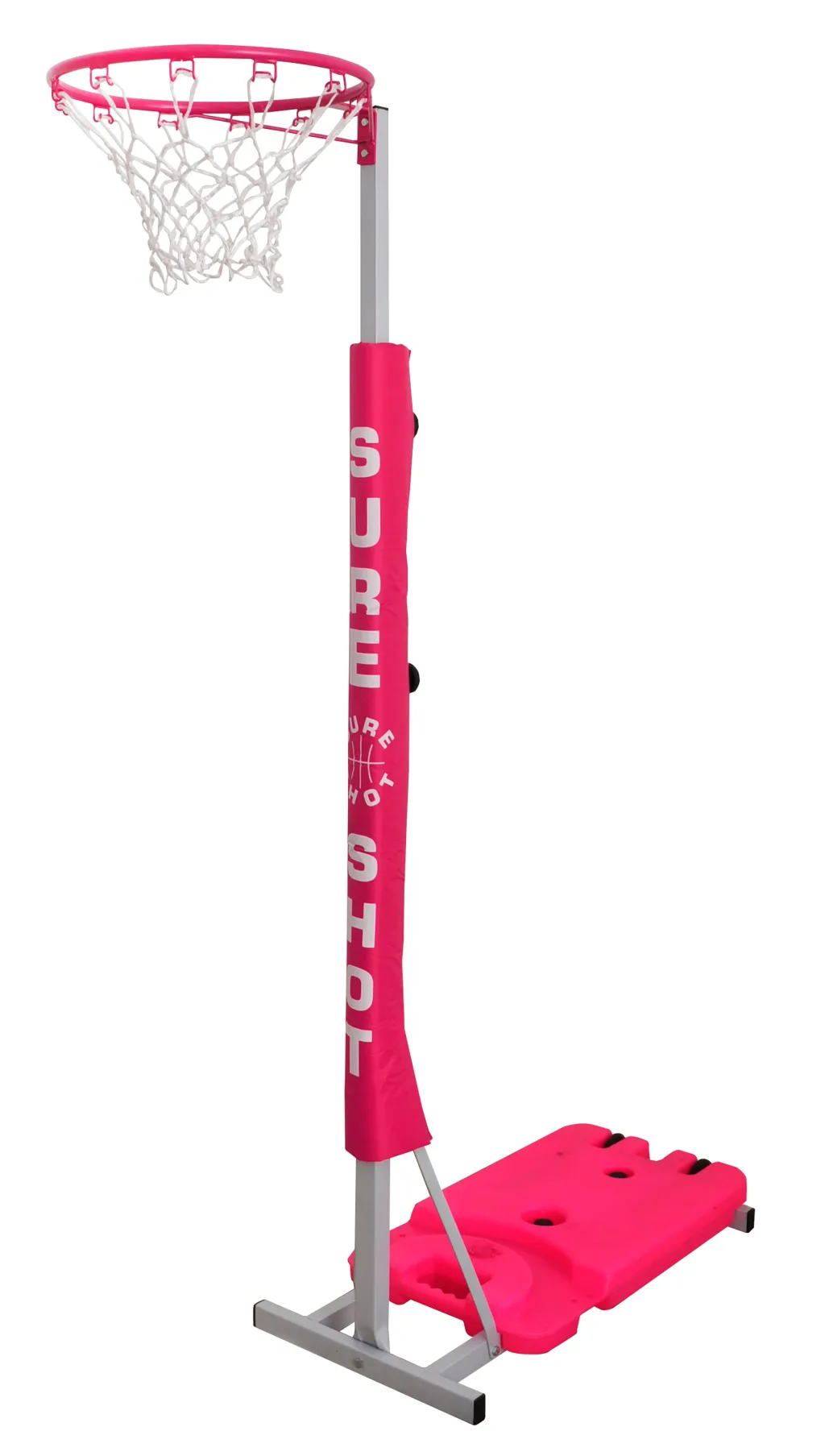 Junior netball unit with a silver ring and white nylon net on a black telescopic pole and black ballast, with a black padded pole cover reading SURE SHOT.