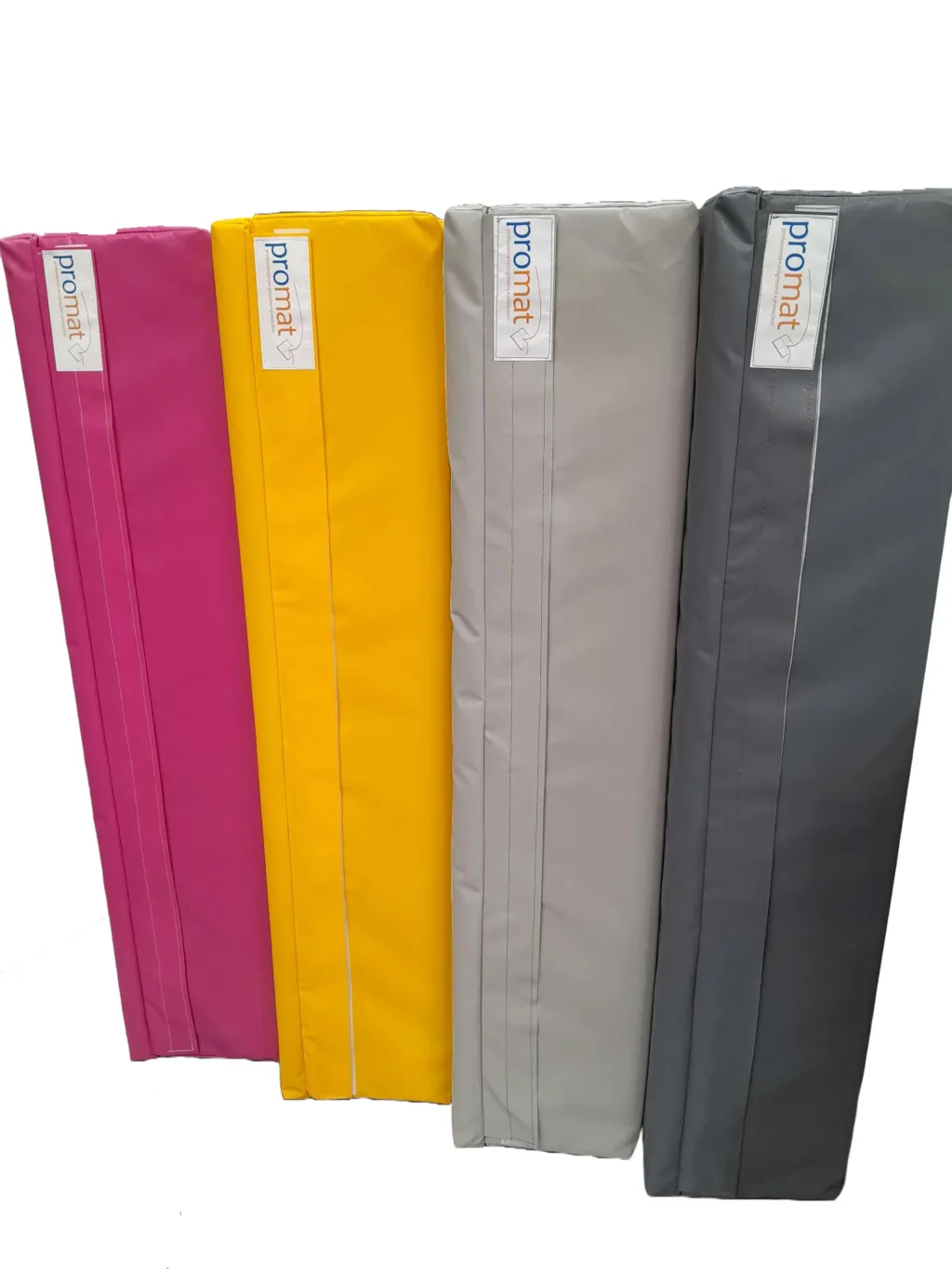 Four square post pads in pink, yellow, light grey and dark grey with waterproof PVC covers and vertical hook-and-loop fastening.