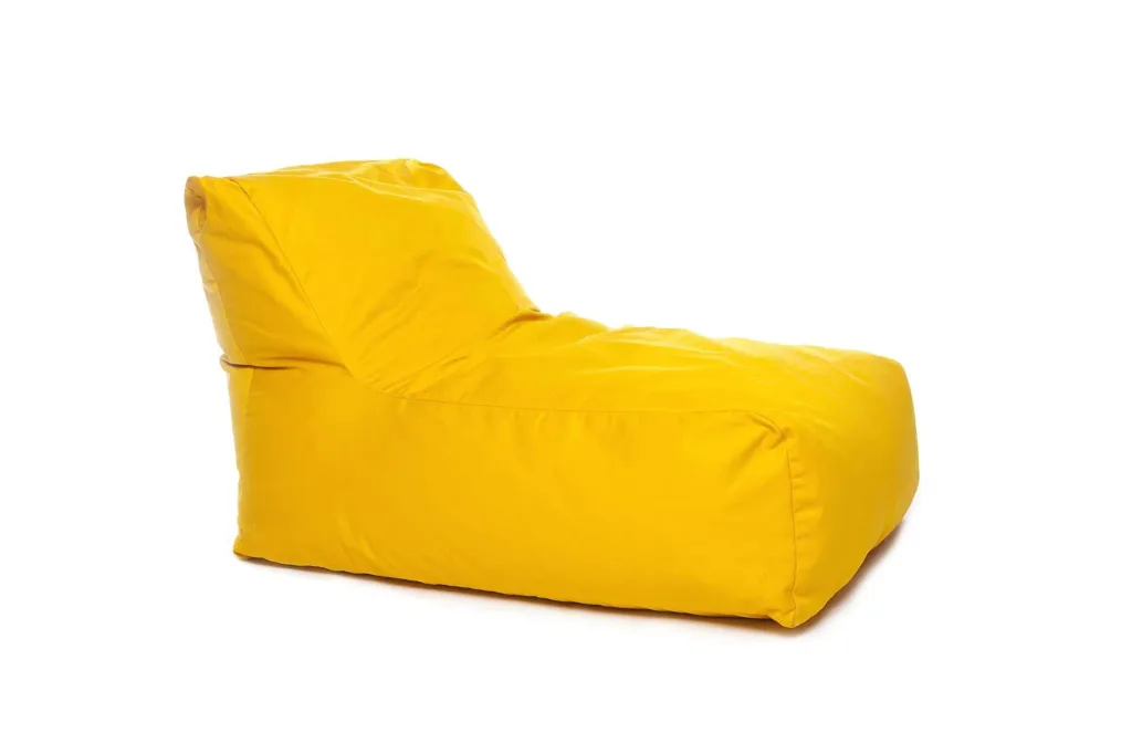 Yellow cotton bean chair for teens and adults with a low lounger shape and angled supportive back.
