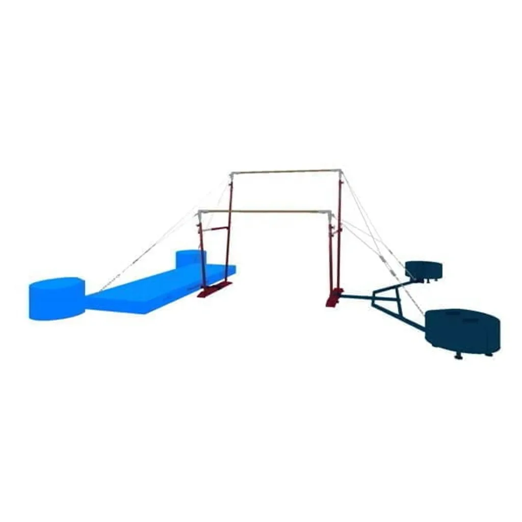 Uneven bars assembly with metal uprights, wooden bars, a landing mat and carbon steel counterweights linked by wire ropes.