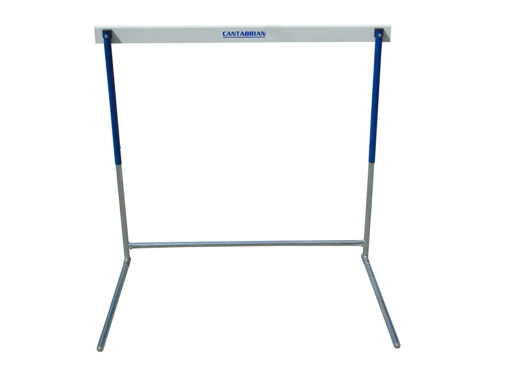 Collapsible steel hurdle with white top bar labeled CANTABRIAN and blue upper legs on a silver frame.