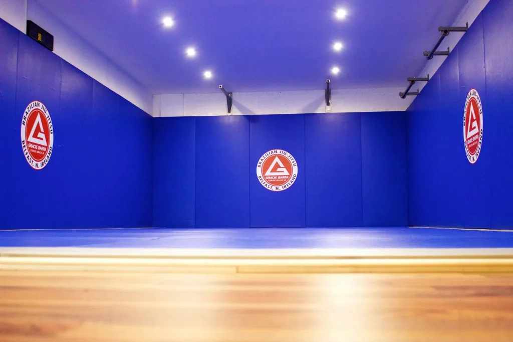 Royal blue polyester PVC BJJ mats covering floor and walls with three red circular logos and a wooden floor foreground.
