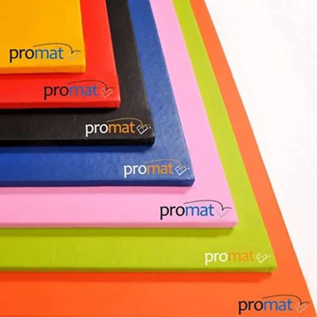 Stacked gym mats in black, blue, green, orange, pink, red and yellow with promat logos visible.